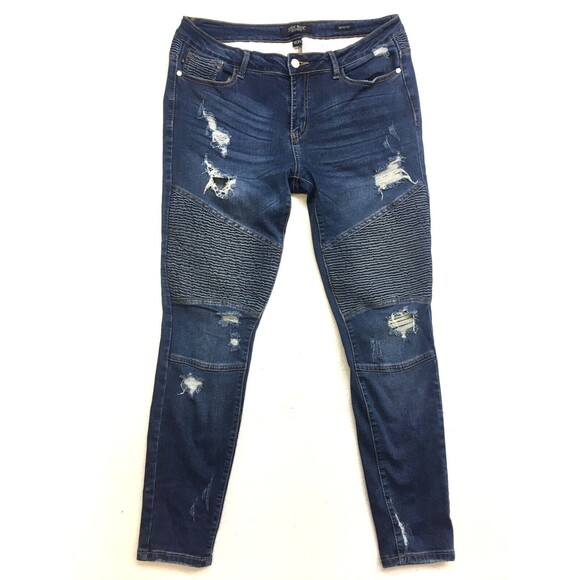 JUDY BLUE Jeans Women's 34 x 30 Moto Skinny Fit Distressed Dark Wash Blue Denim - Picture 1 of 16